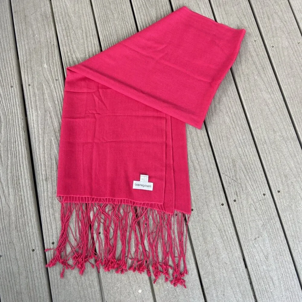 Bloomingdale’s Fuchsia Pink Cashmere Silk Scarf Oversized Wrap Shawl Fringe